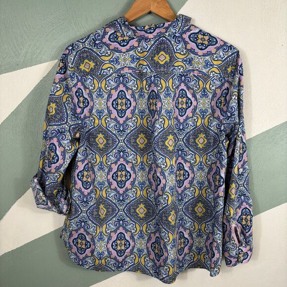 Talbots Women XL Petite Artsy Medallion Print Light Cotton Roll Tab Sleeve Shirt - Picture 9 of 9